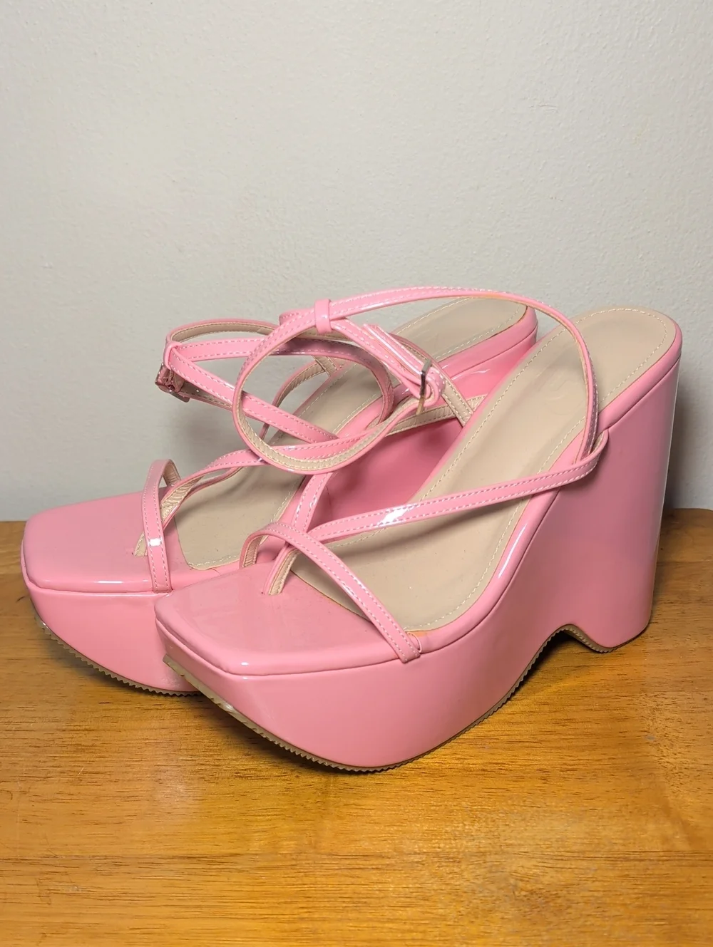 Bubblegum Pink Platform Wedge Sandals Strappy Party Heels Women's Size 8.5
